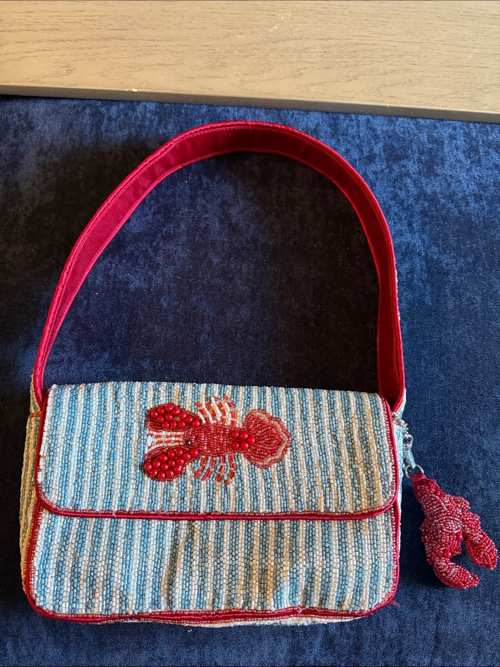 Beaded Lobster Shoulder Bag in Red and Blue